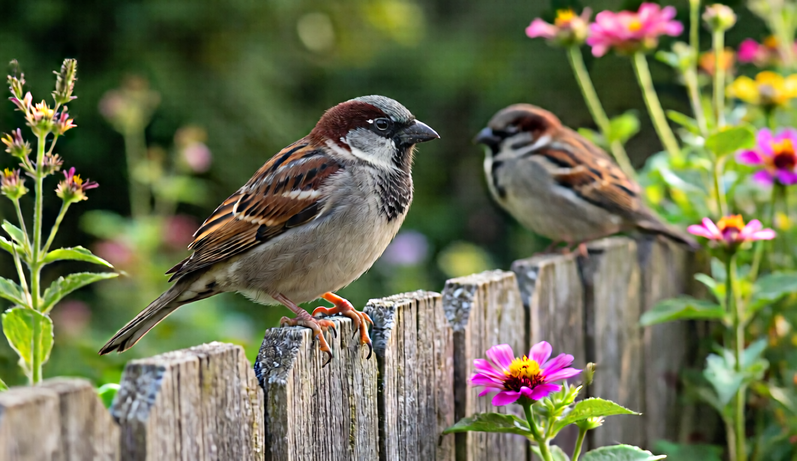 Robin and sparrows on a backyard fence with garden flowers.