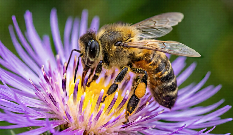 Bee-like insect collecting pollen on a flower.