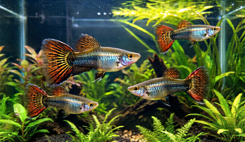 Beginner aquarium fish swimming in a planted home aquarium.