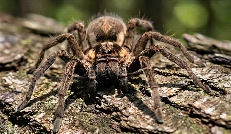 Large wolf spider on rough tree bark in close-up.