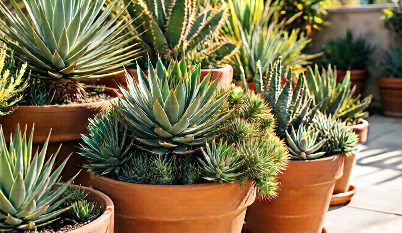 Cacti and succulents in terracotta pots on a sunny patio.