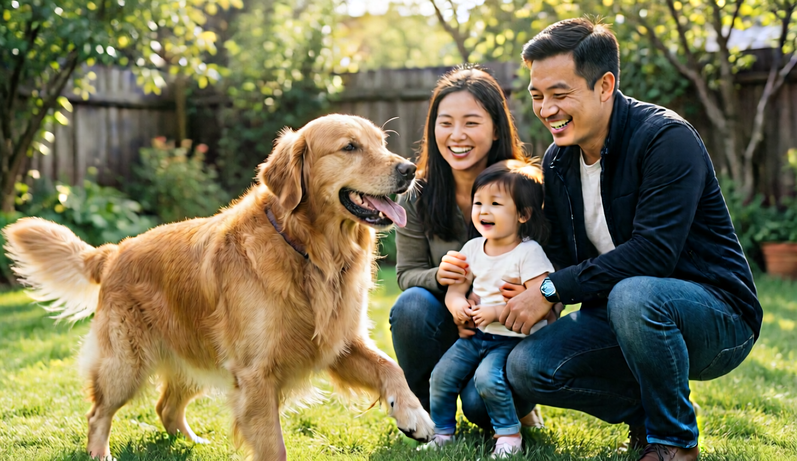 Golden retriever playing with a happy family in a backyard.