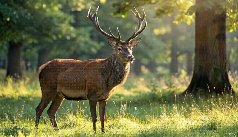 Red deer standing in a sunlit forest clearing.