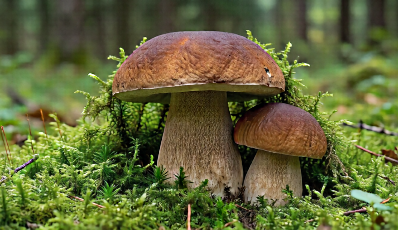 Forest mushrooms growing in mossy woodland.