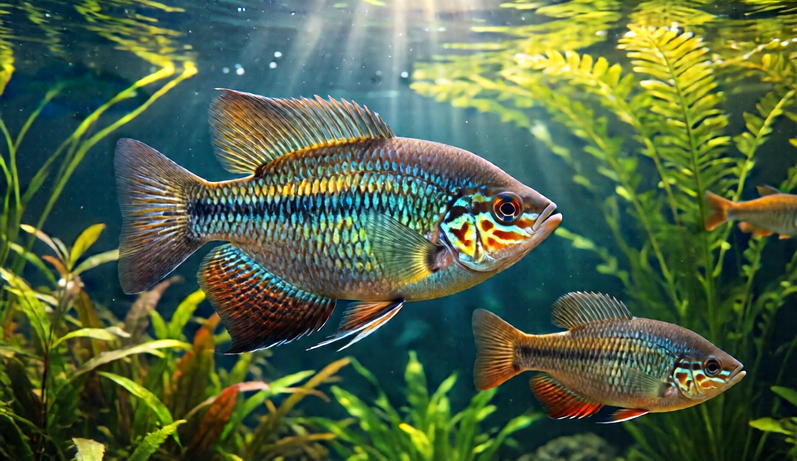 Colorful freshwater aquarium fish swimming among aquatic plants.