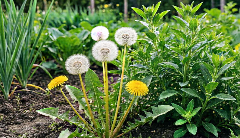 Dandelions and broadleaf weeds growing between garden vegetables.