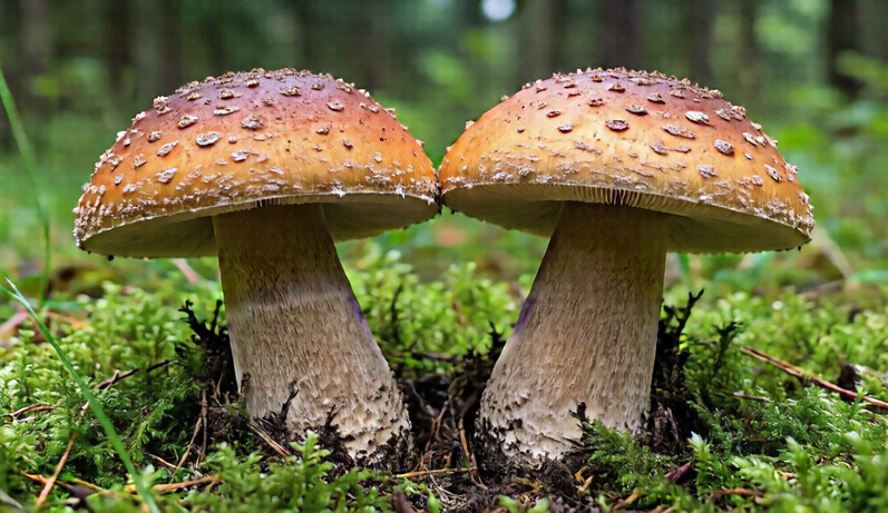Two similar wild mushrooms side by side on forest ground.