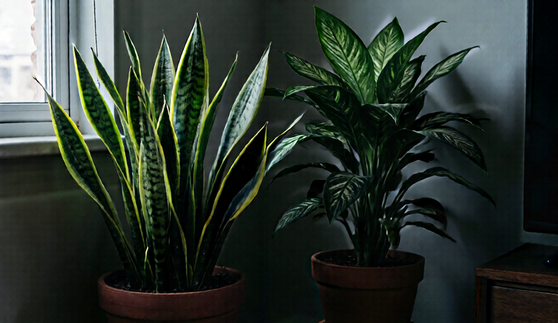 Low-light houseplants in a shaded apartment corner.