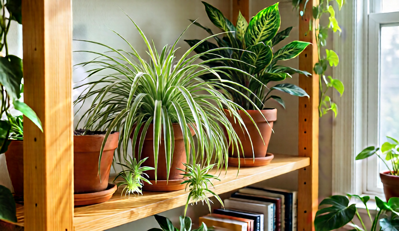 Pet-safe houseplants on a bright wooden shelf.