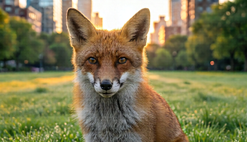 Red fox in an urban park with soft city buildings in the background.