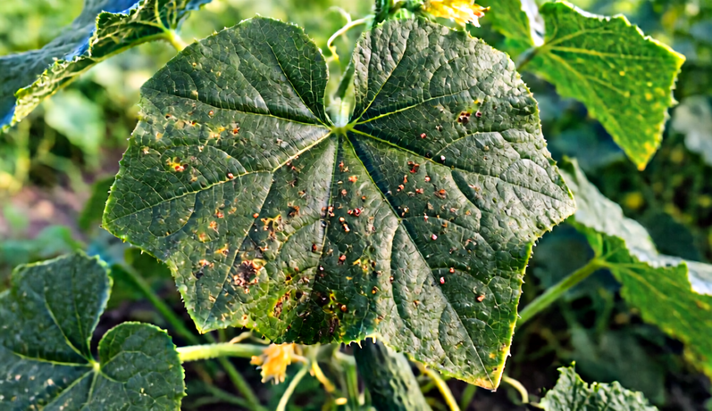 Stressed crop leaves in a vegetable garden.