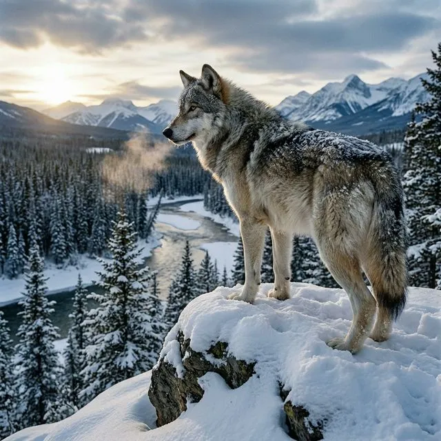 Canines in a wild mountain setting.