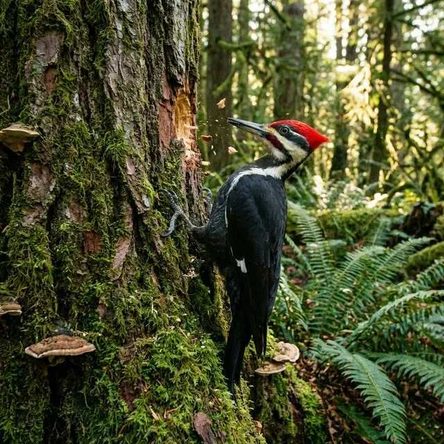 Forest birds among tree trunks.
